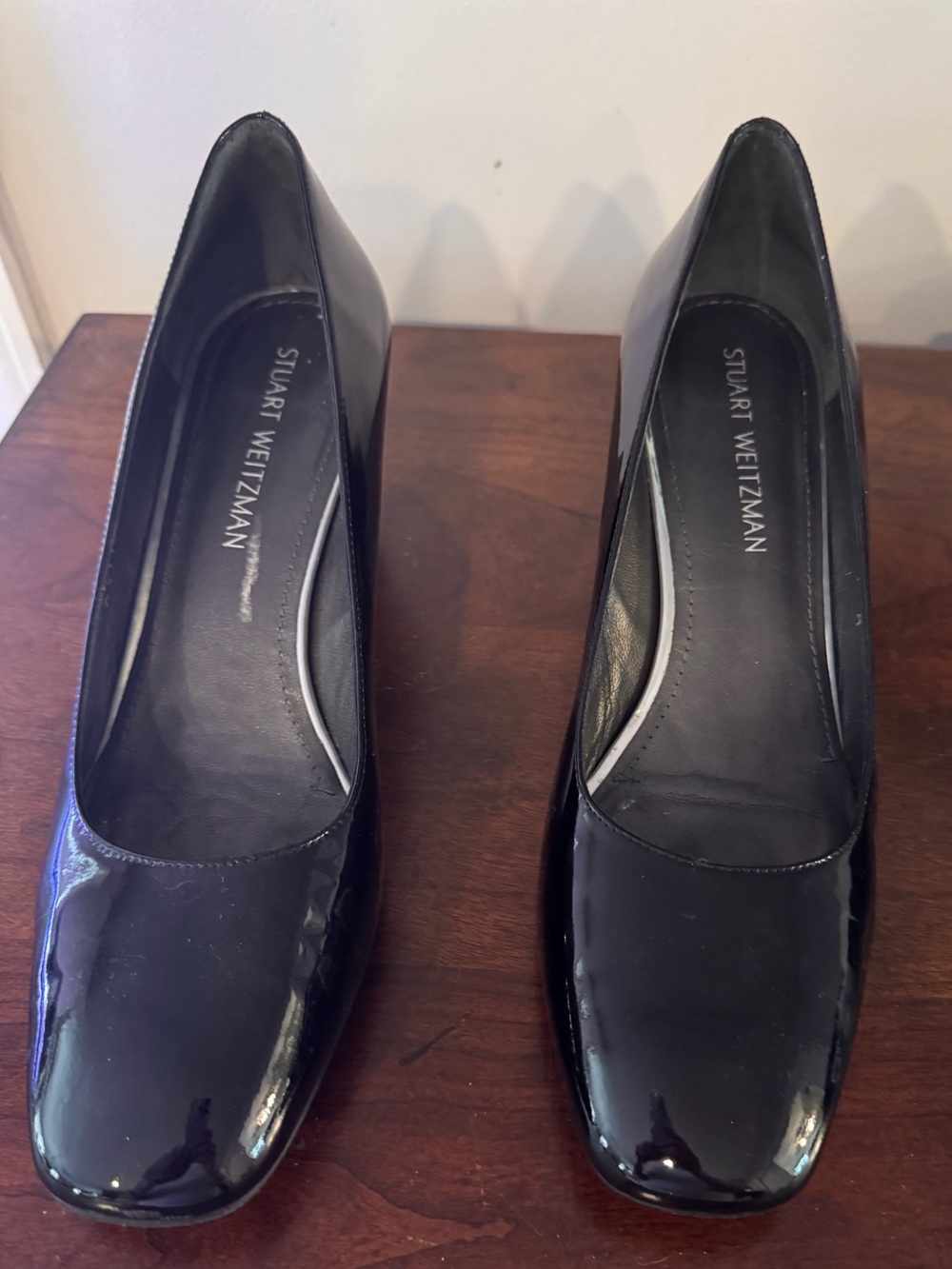 Stuart Weitzman Glossy Black Patent Square-Toe Pumps